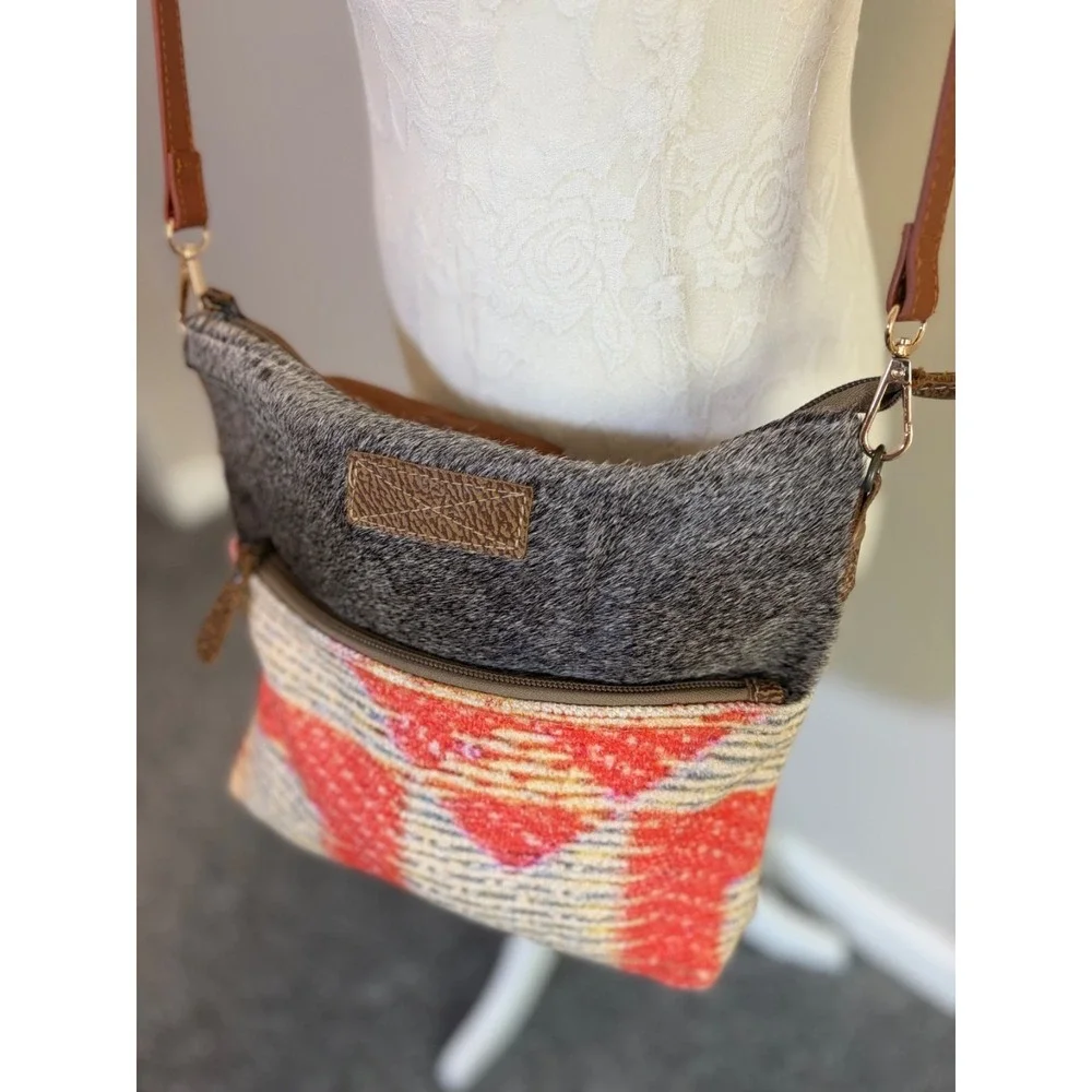 Myra Bag Cowhide Hair Aztec Canvas Crossbody Bag~Geometric Aztec BOHO Cowgirl